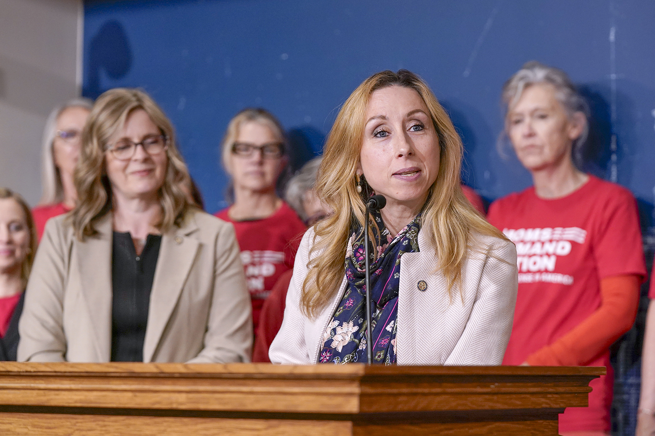 Rep. Kaela Berg answers a reporter’s question about HF2609 during a news conference April 29. The bill would increase penalties for straw purchases for firearms; it passed the House early May 3. (Photo by Michele Jokinen) 